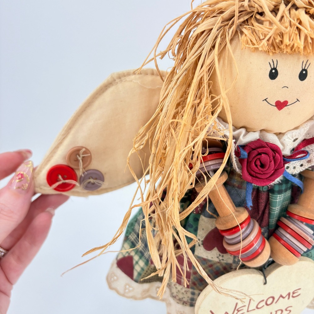 Primitive Folk Art Angel Doll Welcome Friends Patchwork‎ Button Spool Decor 12in - Picture 4 of 7